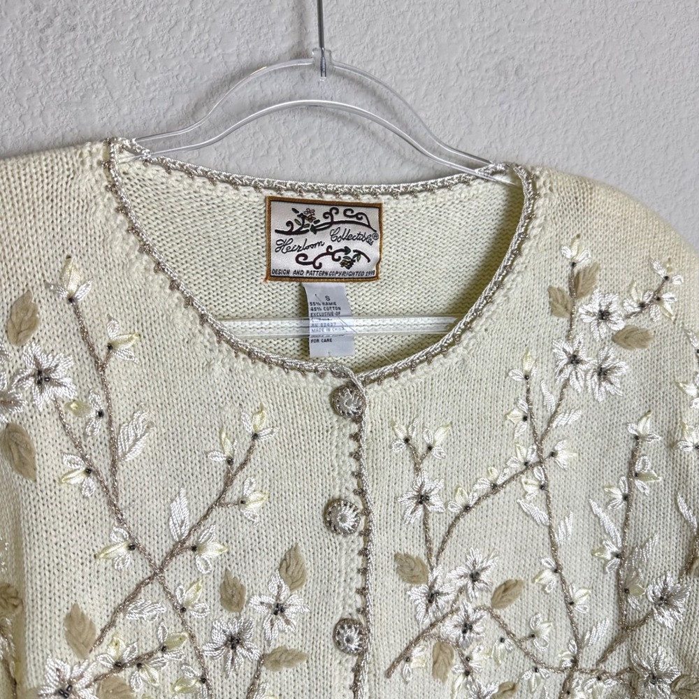 Heirloom Collectibles Vintage 1998 Floral Embroidered Beaded Cardigan Ivory Sz S